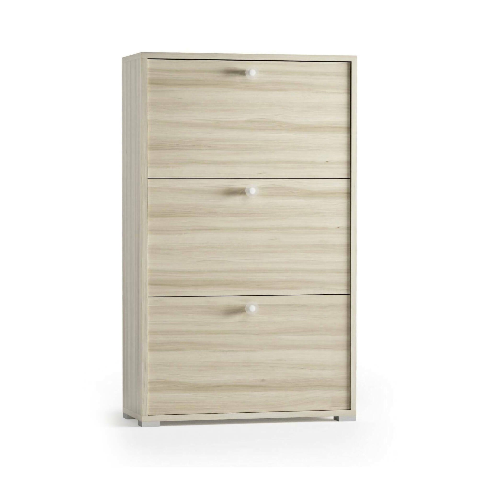 Scarpiera Peonia, Mobile multiuso da ingresso con 3 ante a ribalta-, Armadietto portascarpe a doppia profondità, 100% Made in Italy, 67x28h112 cm, Olmo