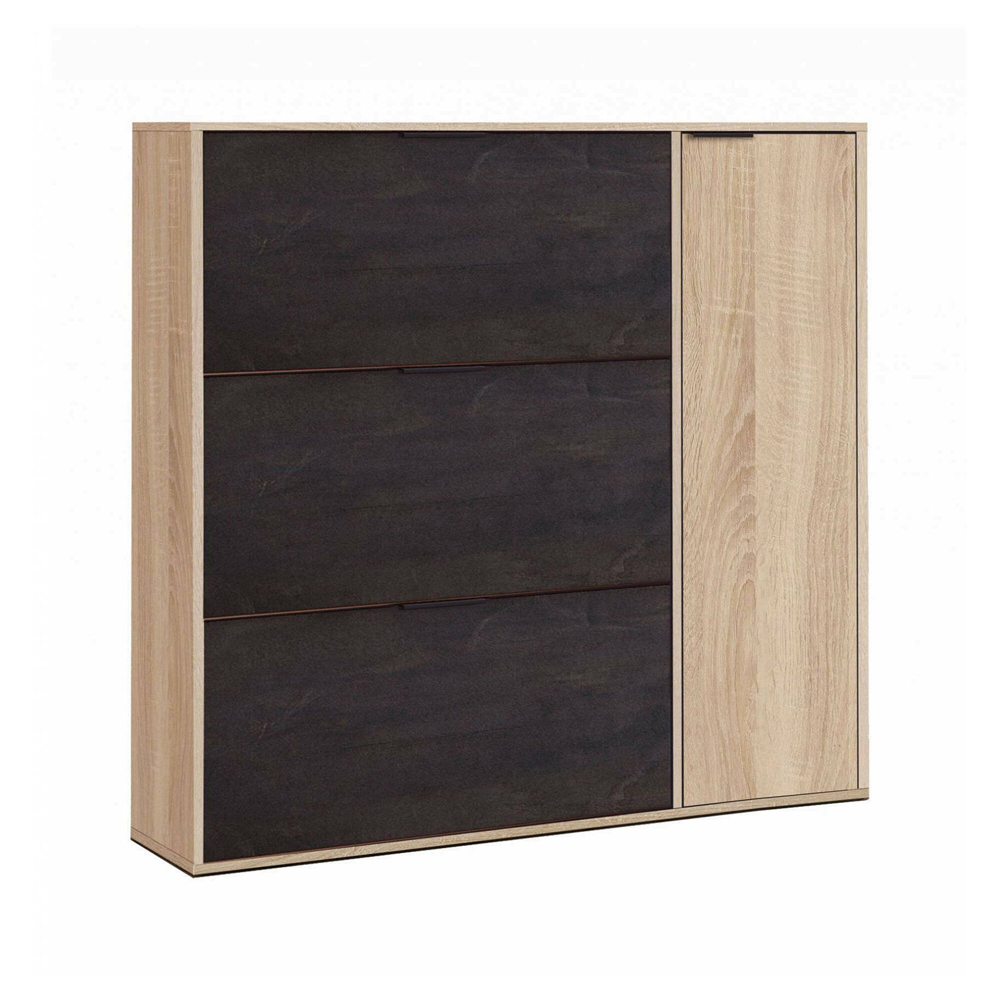 Scarpiera Provo, Armadio portascarpe a 4 ante, Mobile basso multiuso con 5 ripiani, Scarpiera moderna, 106x22h115 cm, Rovere e Nero