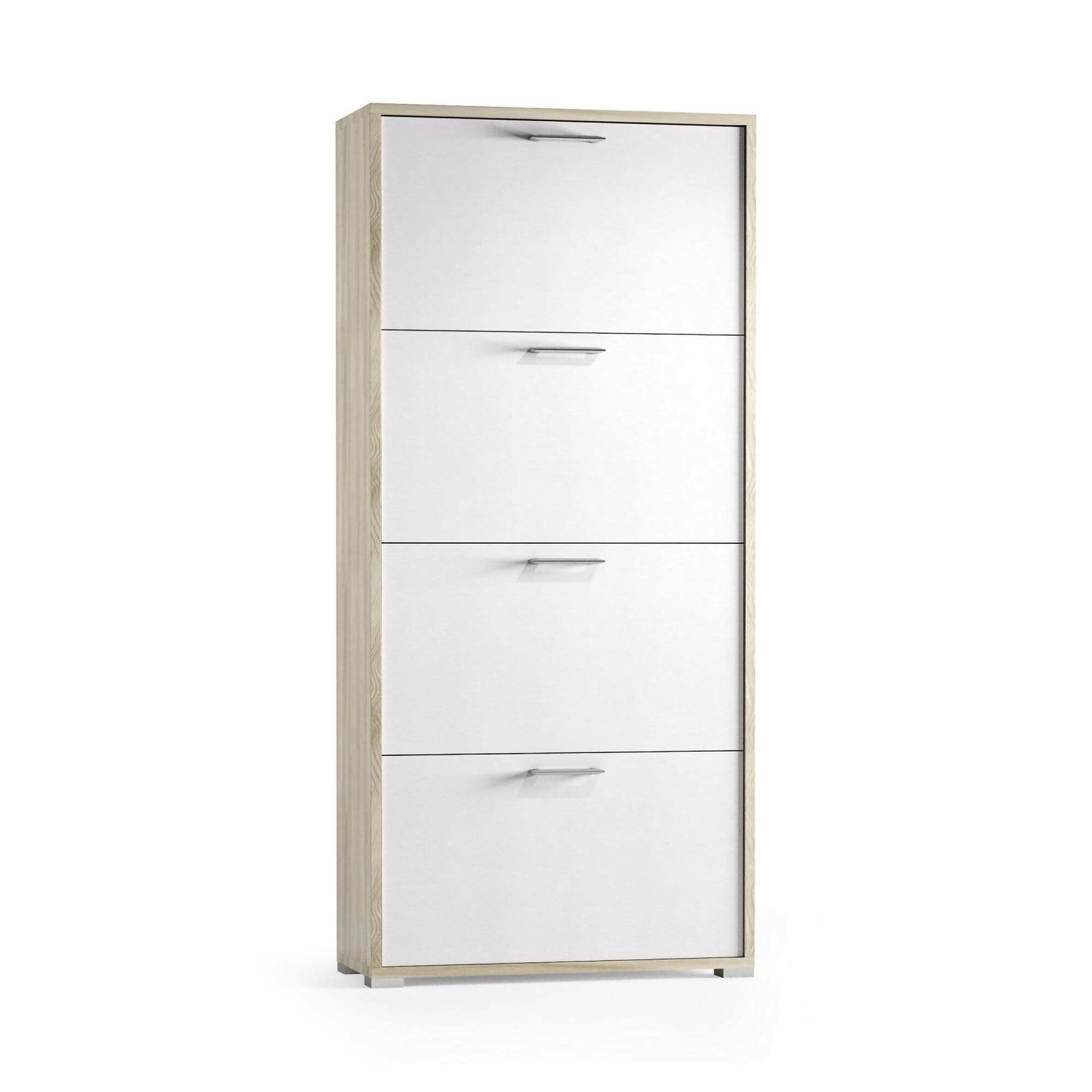 Scarpiera Rosa, Mobile multiuso da ingresso con 4 ante a ribalta-, Armadietto portascarpe a doppia profondità, 100% Made in Italy, 67x28h147 cm, Bianco e Olmo
