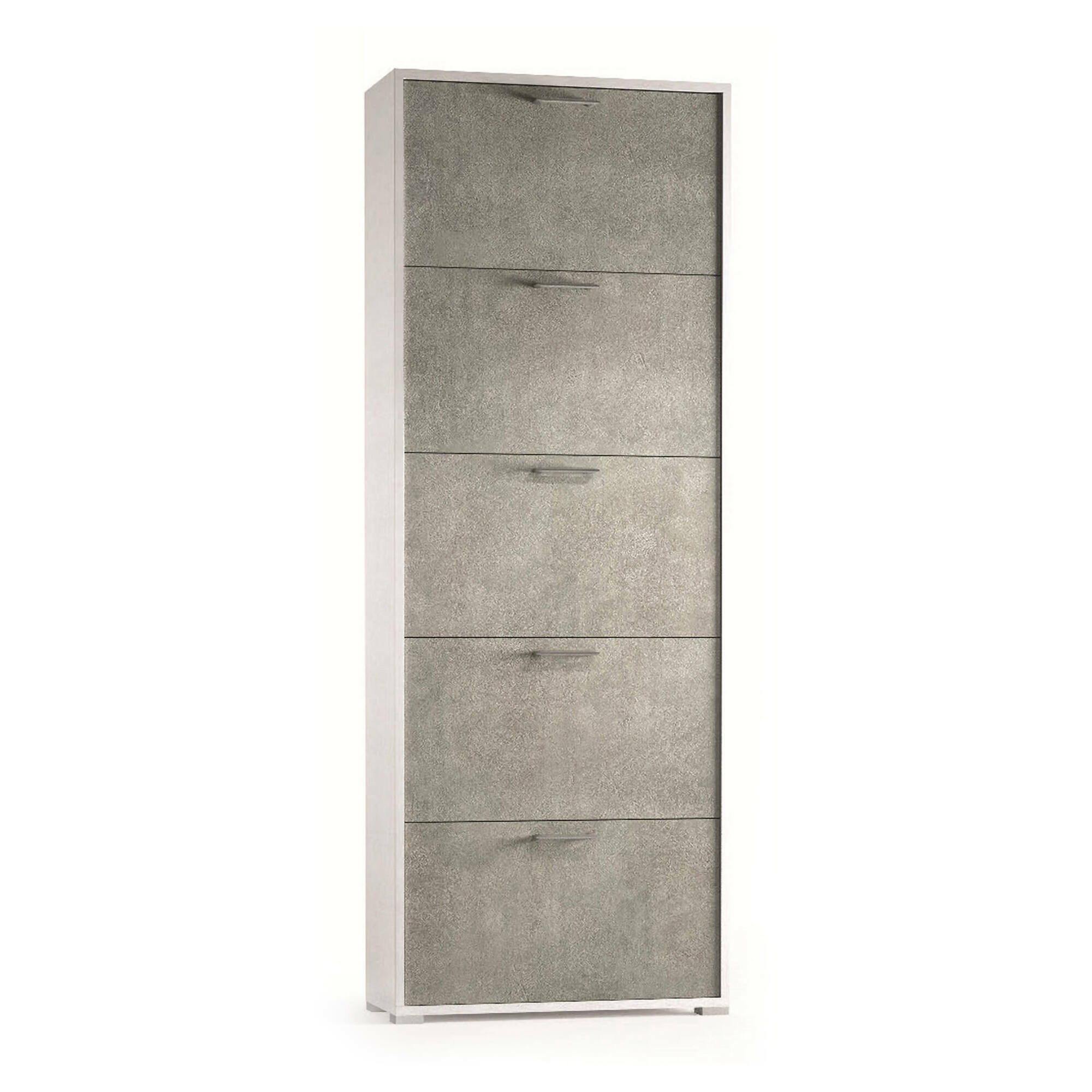Scarpiera Surfinia, Mobile multiuso da ingresso con 5 ante a ribalta-, Armadietto portascarpe a doppia profondità, 100% Made in Italy, 67x28h183 cm, Bianco e Cemento