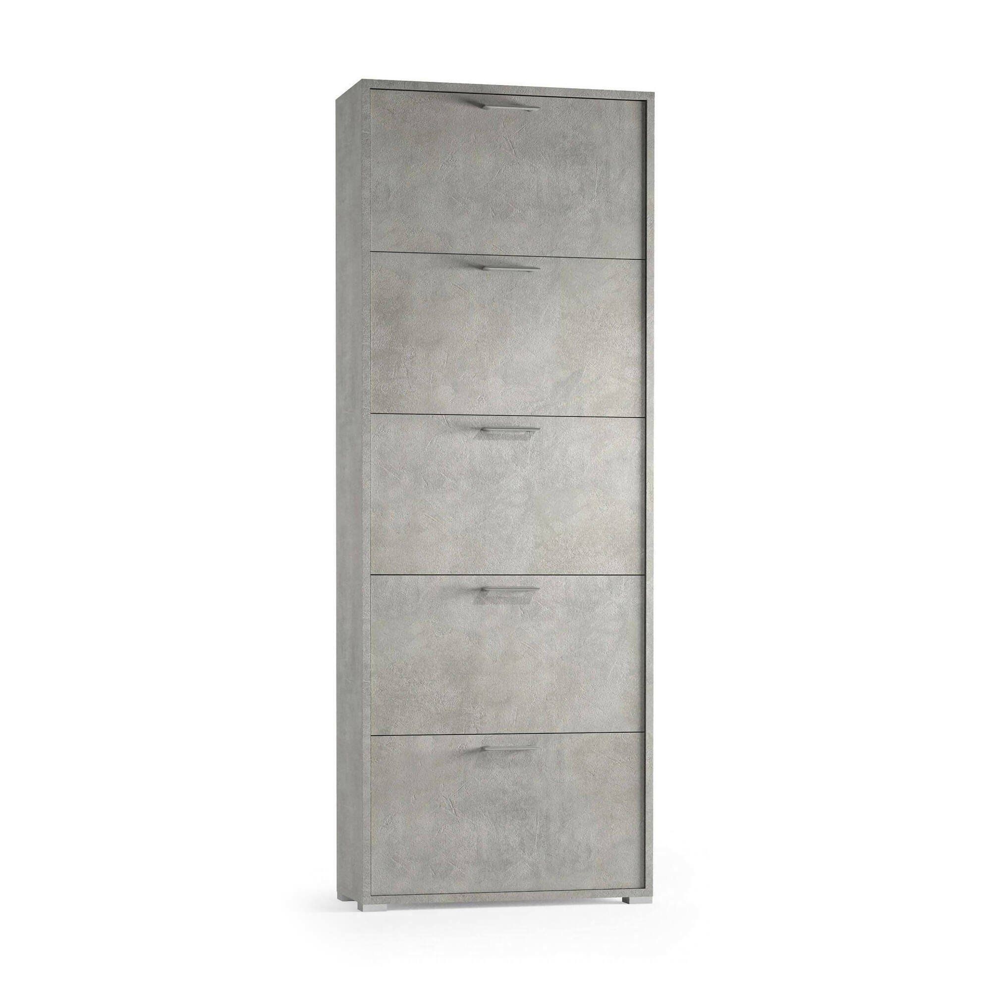 Scarpiera Surfinia, Mobile multiuso da ingresso con 5 ante a ribalta-, Armadietto portascarpe a doppia profondità, 100% Made in Italy, 67x28h183 cm, Cemento