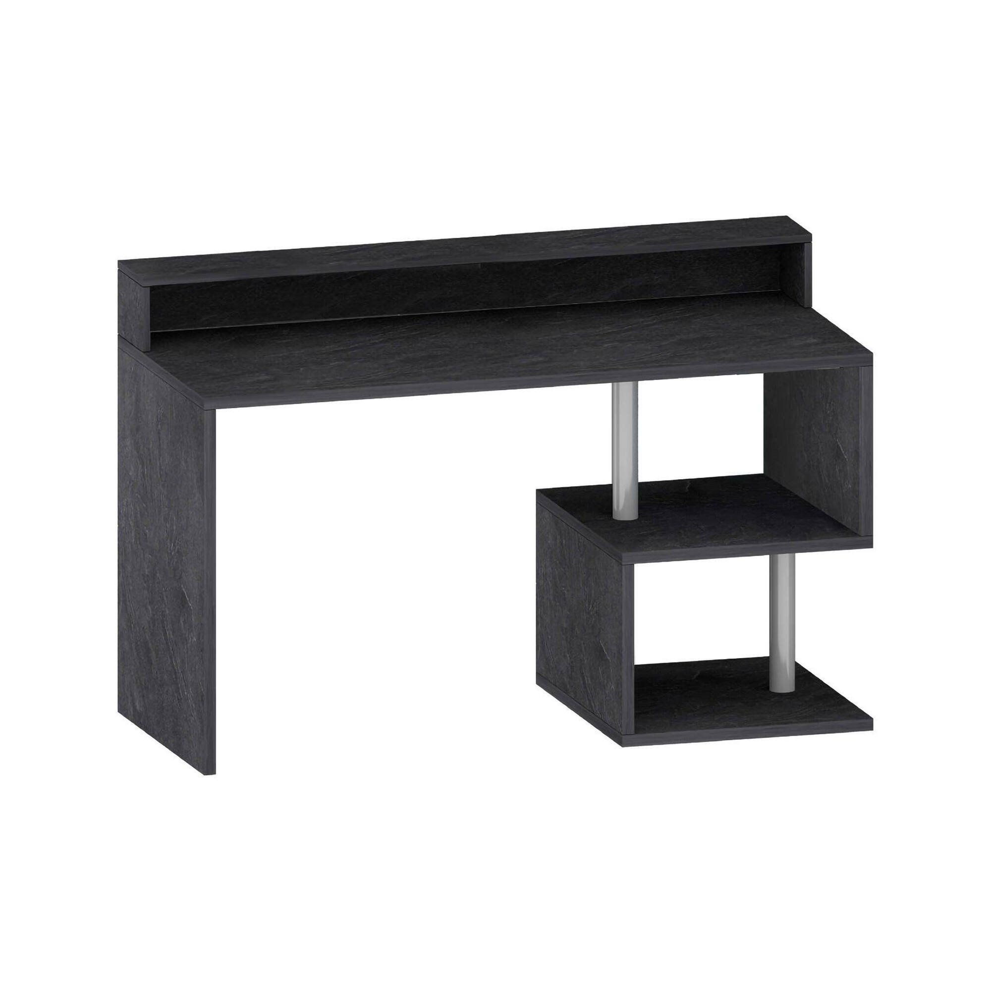 Scrivania Alain, Scrittoio lineare con ripiani portaoggetti e luci LED, Scrivania ufficio multiuso con sopralzo, 140x60h93 cm, Ardesia
