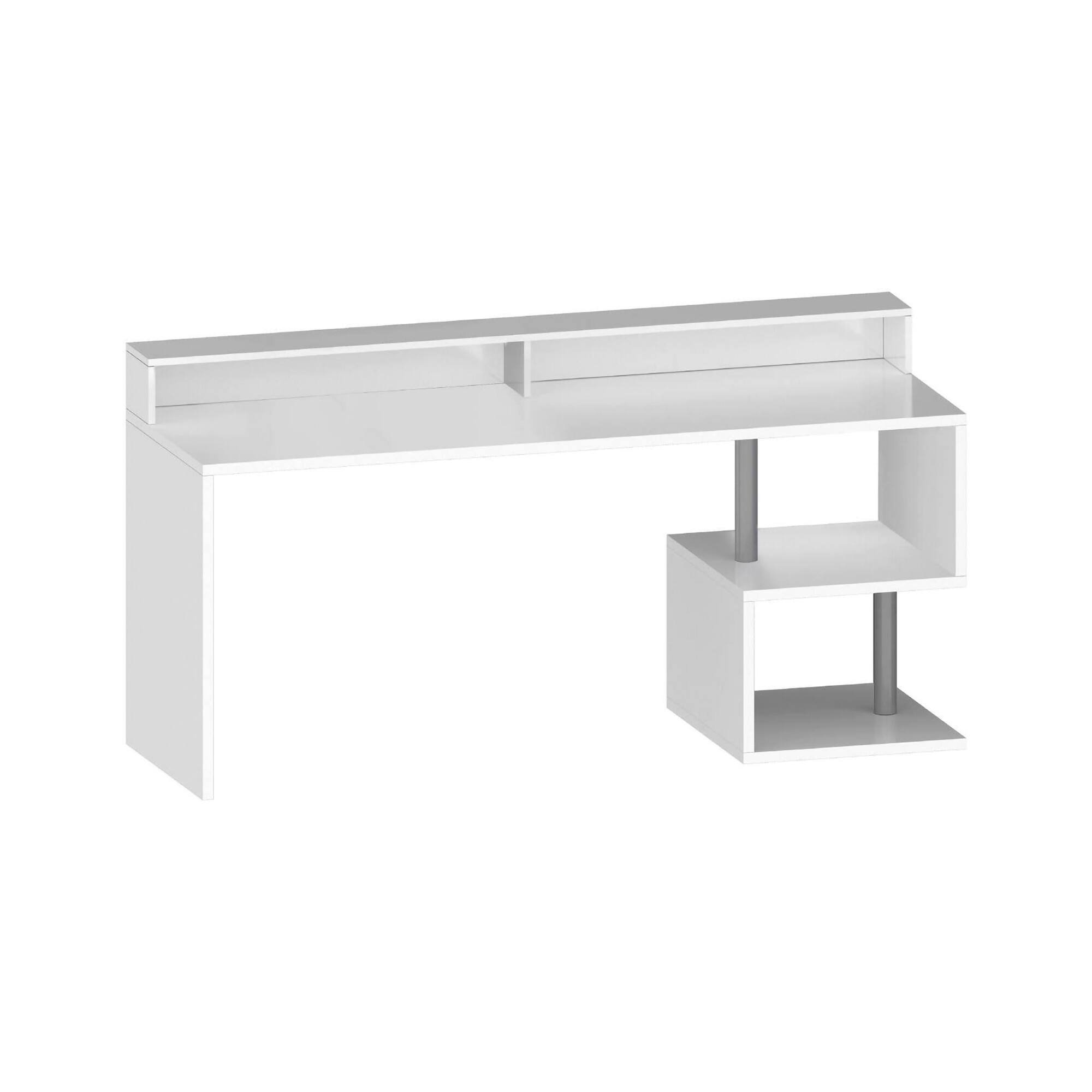 Scrivania Alban, Scrittoio lineare con ripiani portaoggetti e luci LED, Scrivania ufficio multiuso con sopralzo, 180x92,5h60 cm, Bianco