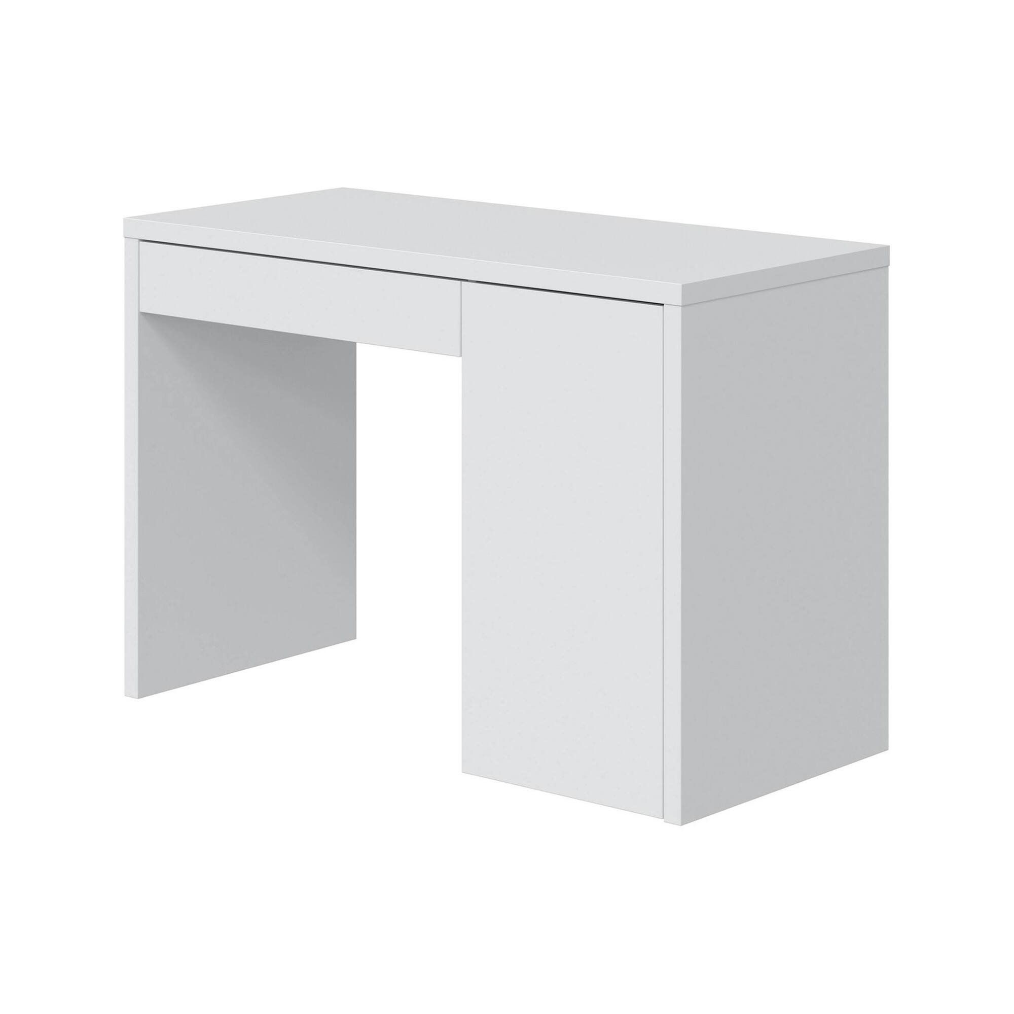 Scrivania Austin, Scrittoio multifunzione reversibile con 1 cassetto e 1 anta, Tavolo da studio o ufficio porta PC, 109x50h74 cm, Bianco