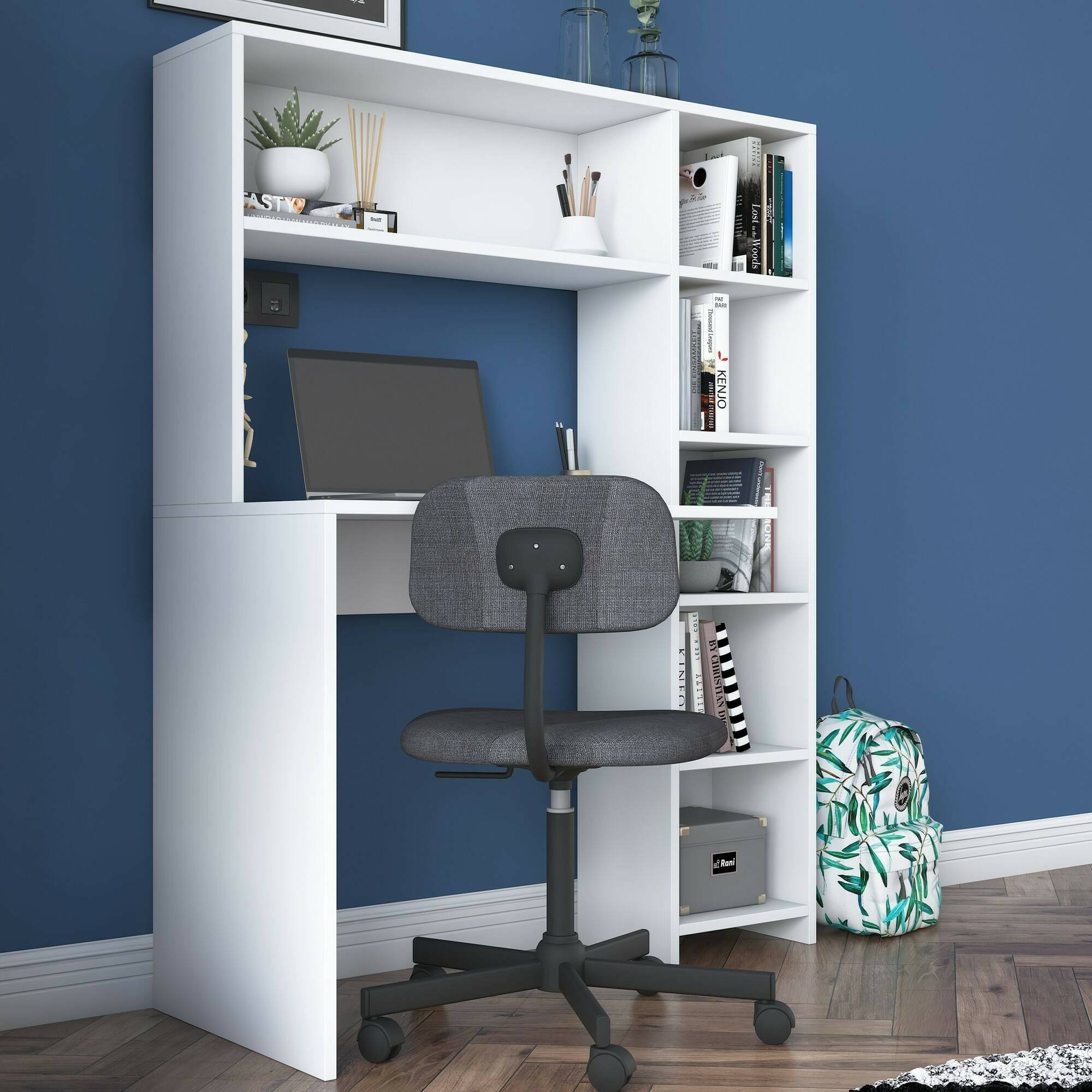 Scrivania Angolare A L Con Libreria E Gancio, Porta 2-3 Computer, Struttura In Metallo+legno, Dimensioni 150x120x148 Cm, Bianca