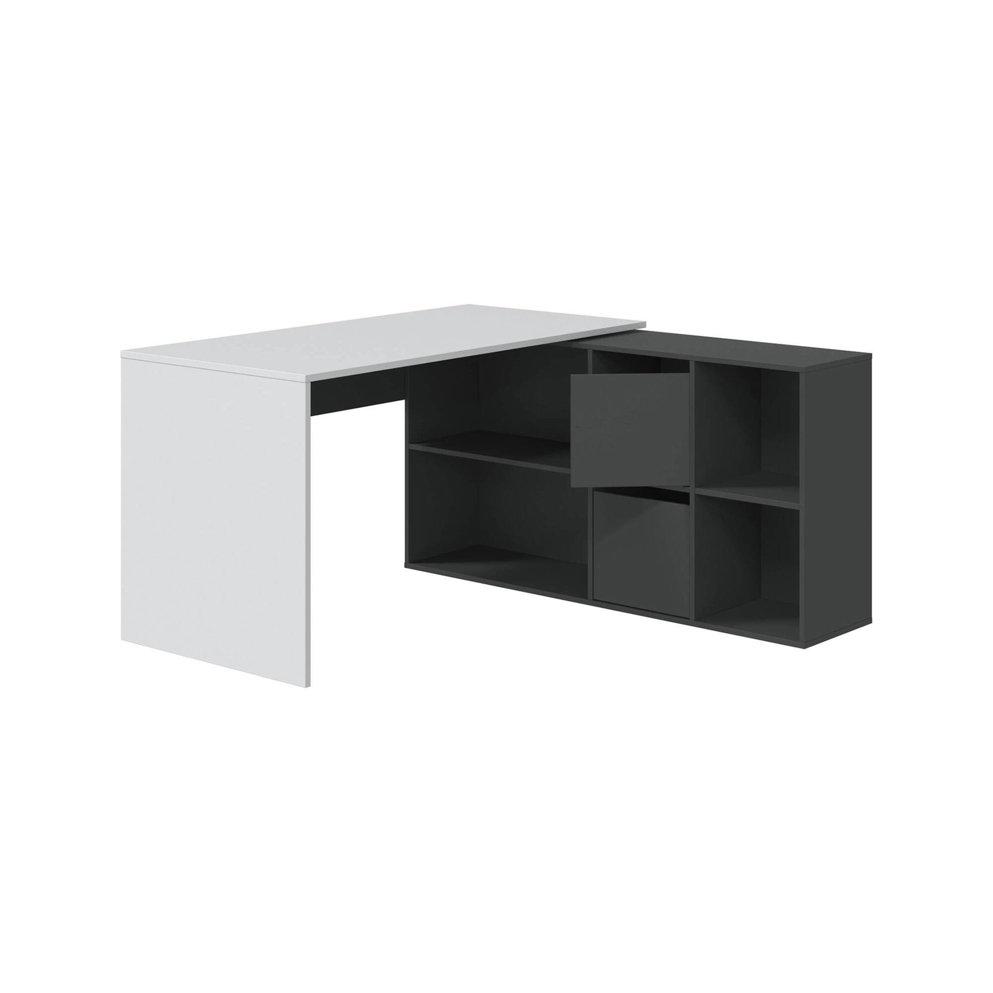 Scrivania Vallejo, Scrittoio multifunzione reversibile multiposizione, Tavolo da studio o ufficio porta PC con scaffale, 136x139h74 cm, Bianco e Antracite