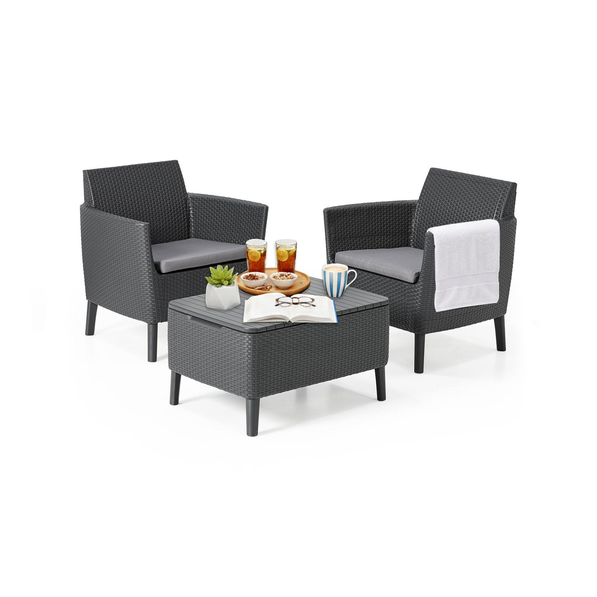 Set Salotto da Esterno Nero Antracite 2 Posti un Tavolino, Tavolo Tavolino Contenitore - Granbyy