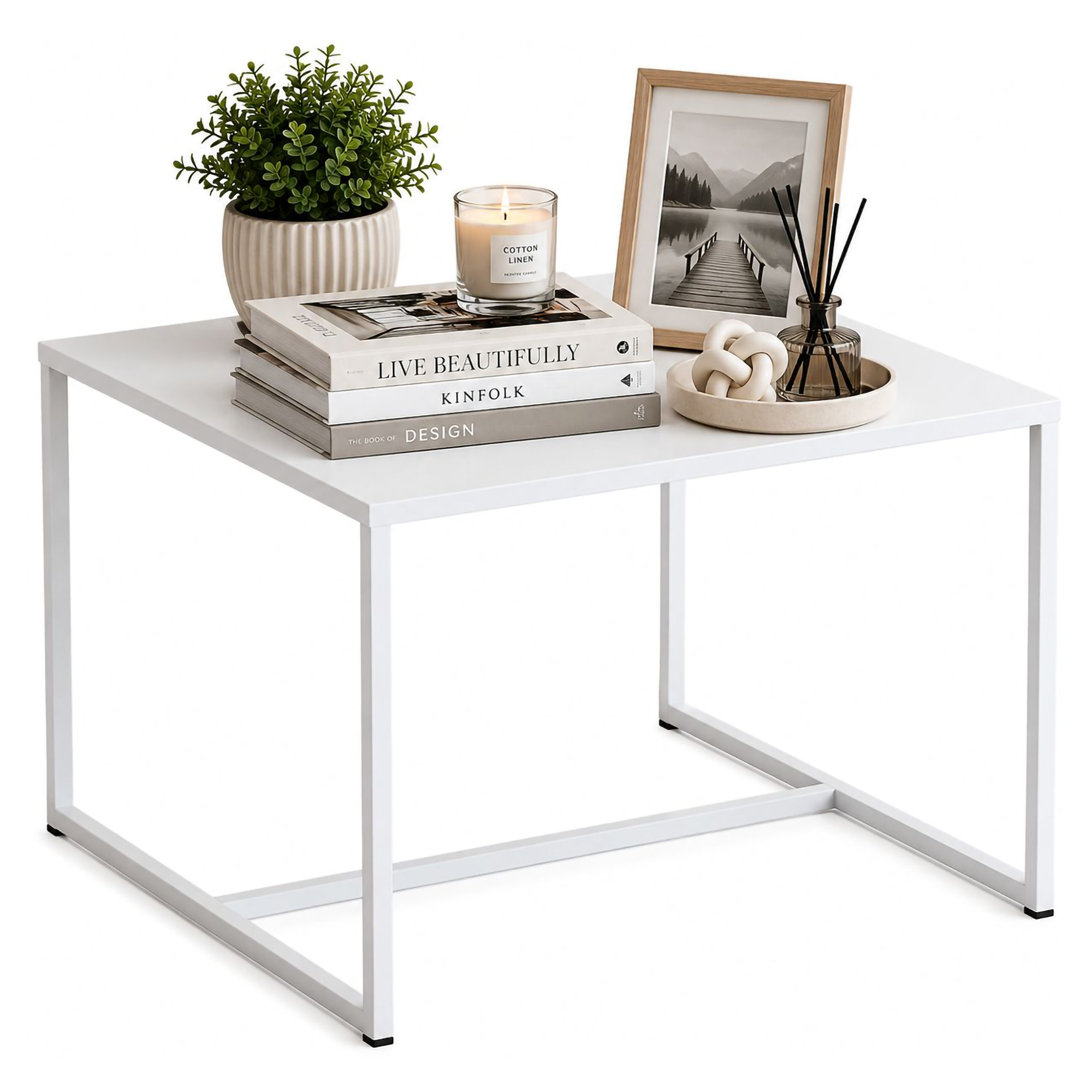 Tavolino da Salotto Bianco Forma Quadrato Colore Ripiano Bianco 67x67x46h cm, Materiale Piano in Legno Nobilitato - Lisese