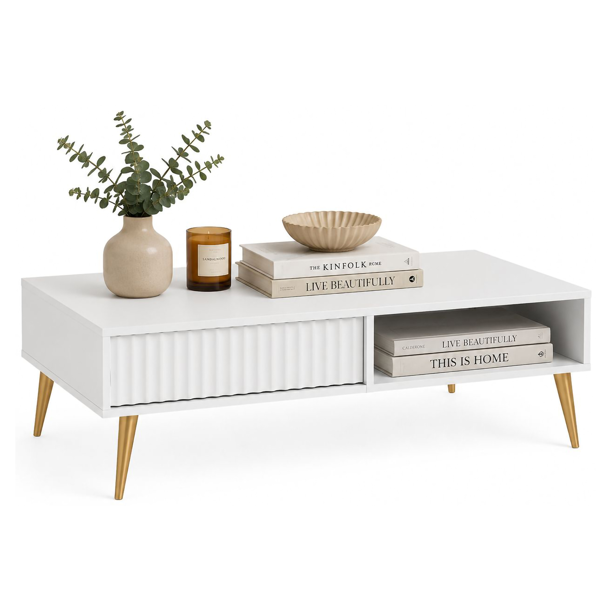 Tavolino da Salotto Bianco oro 2 Cassetti con Piedini Effetto Rigato 102x67x35h cm, un Vano - Lipa