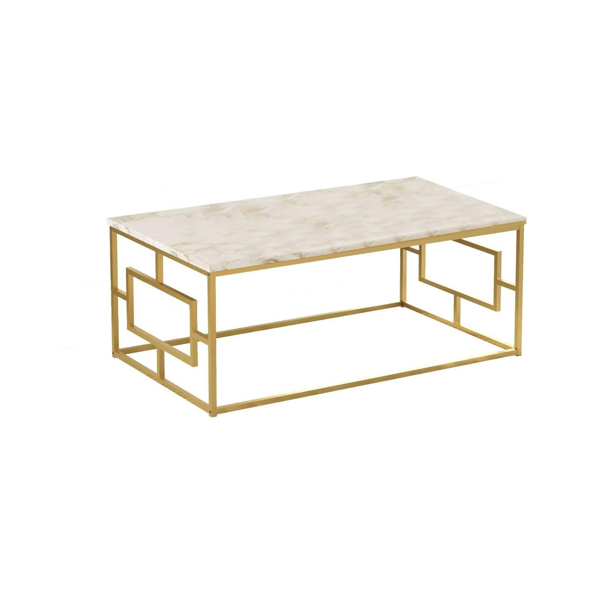 Tavolino da salotto Cygnus, Tavolo basso da soggiorno, Ripiano da caffè, Tavolino per divano, 100x60h40 cm, Bianco Marmo e Oro