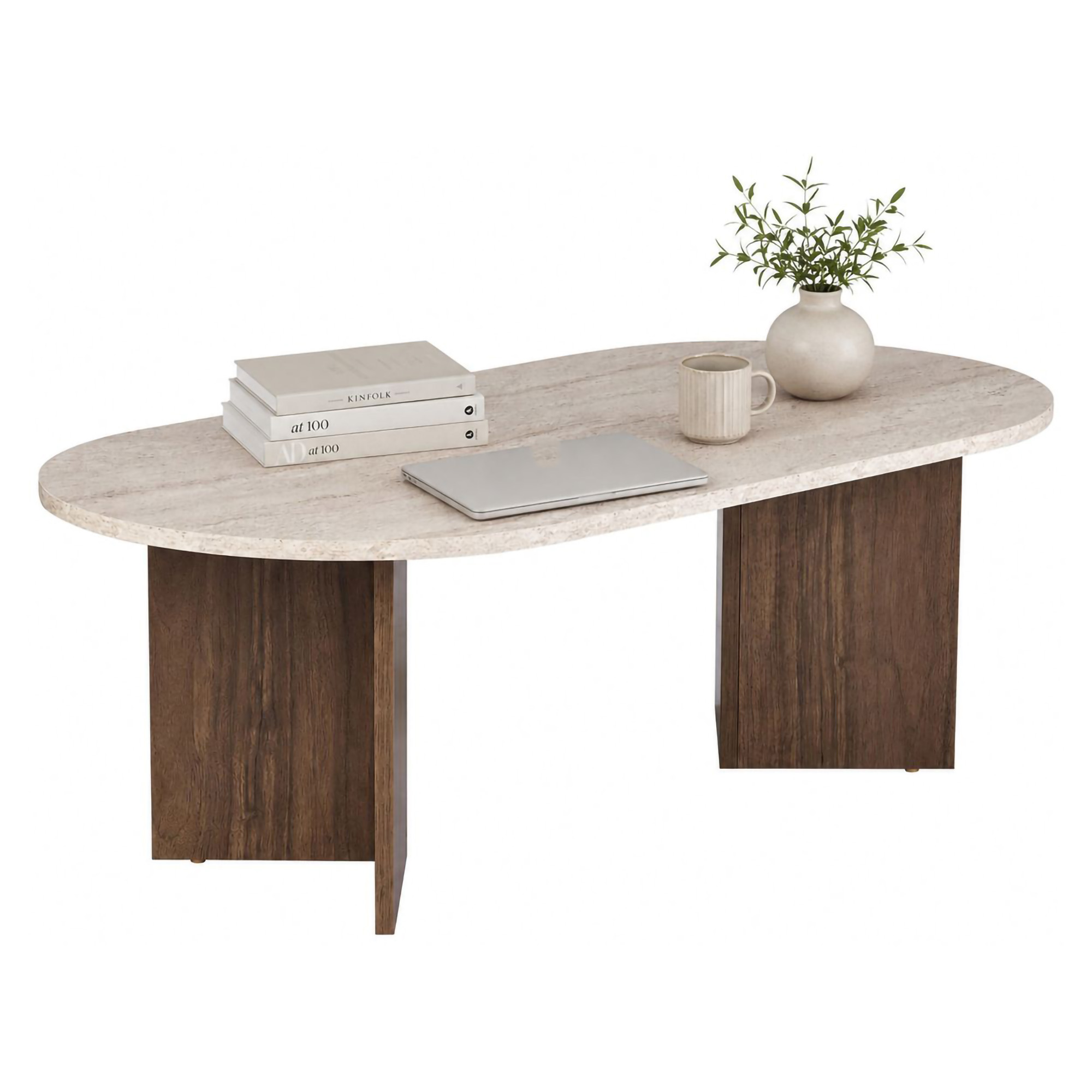 Tavolino da Salotto Marrone Noce Beige Marmo Forma Ovale Materiale Piano in Legno Nobilitato 119x60x40h cm, Colore Ripiano Beige - Elain