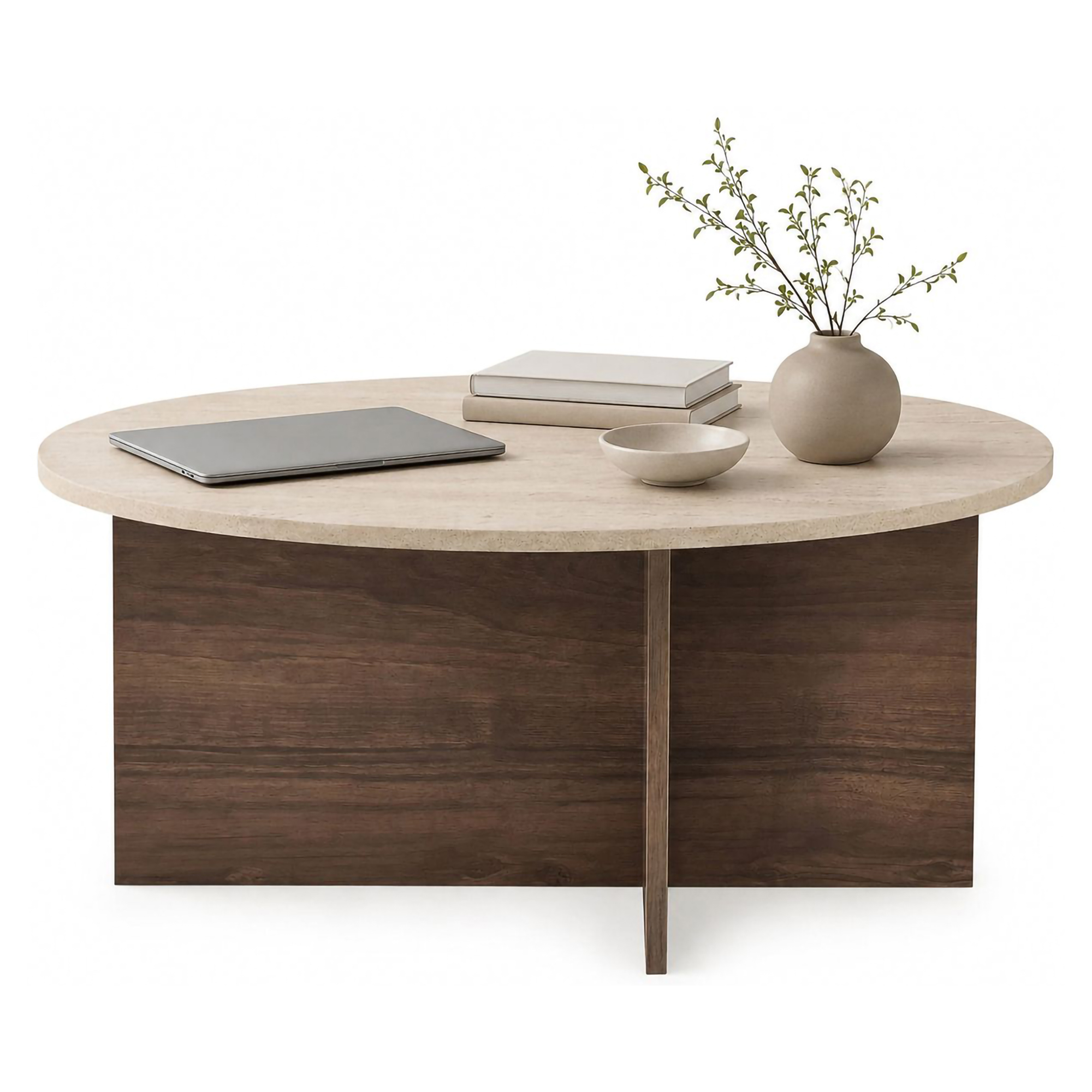 Tavolino da Salotto Marrone Noce Beige Marmo Forma Ovale Materiale Piano in Legno Nobilitato 90x90x40h cm, Colore Ripiano Beige - Simbario