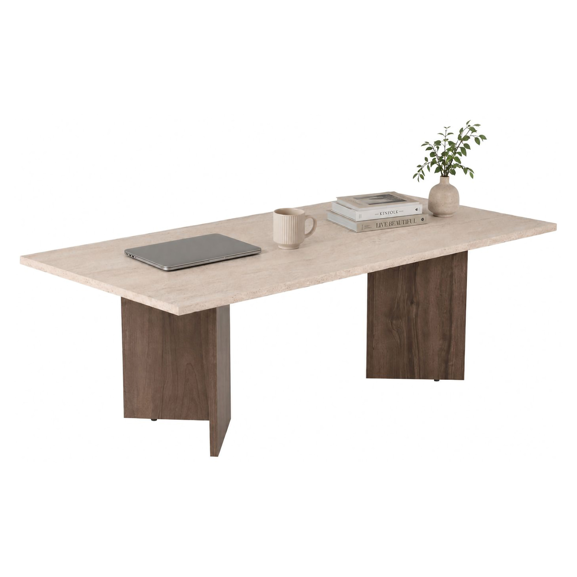 Tavolino da Salotto Marrone Noce Beige Marmo Forma Rettangolare Materiale Piano in Legno Nobilitato 119x60x40h cm, Colore Ripiano Beige - Turate