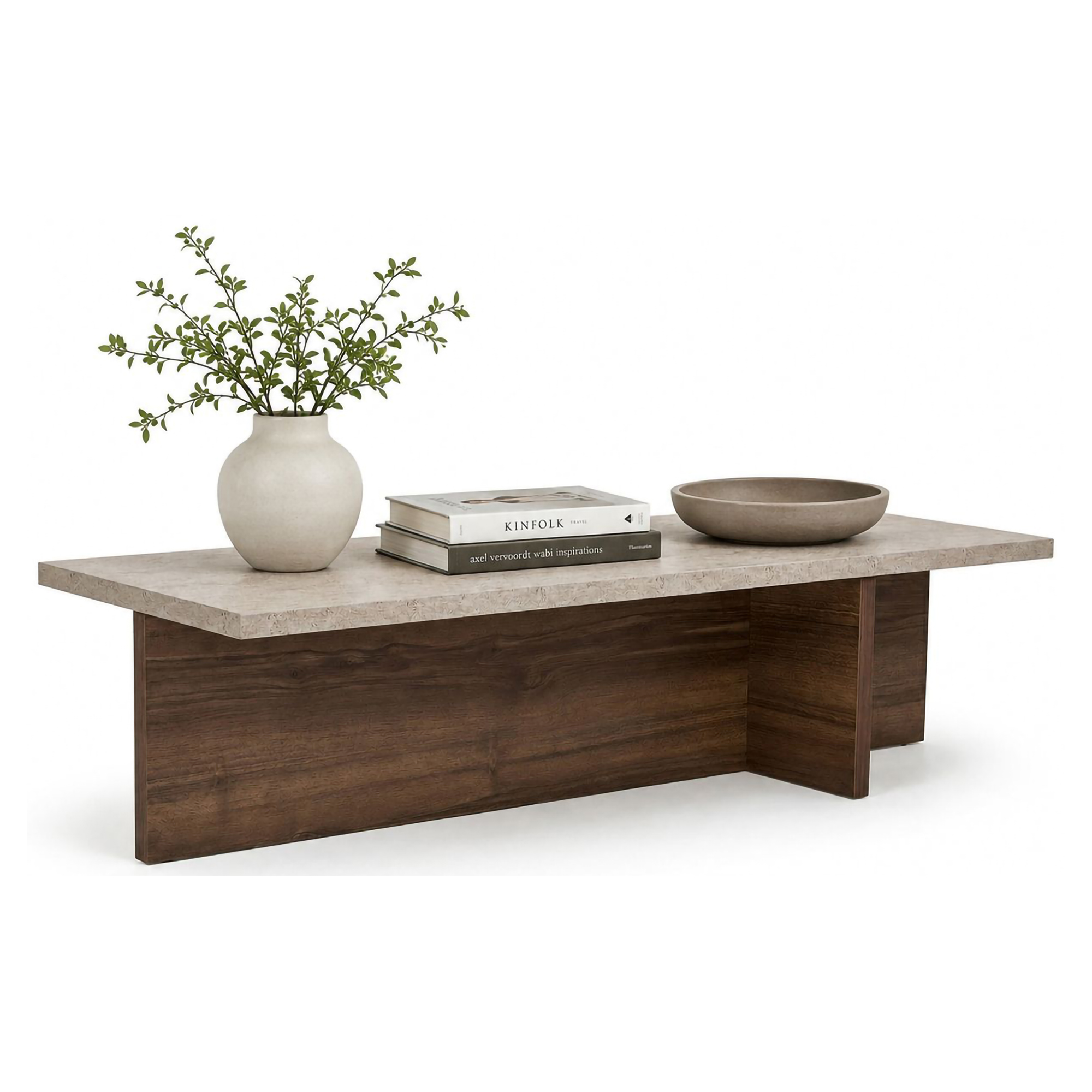 Tavolino da Salotto Marrone Noce Bianco Marmo Forma Rettangolare Materiale Piano in Legno Nobilitato 120x45x30h cm, Colore Ripiano Bianco - Marmorito