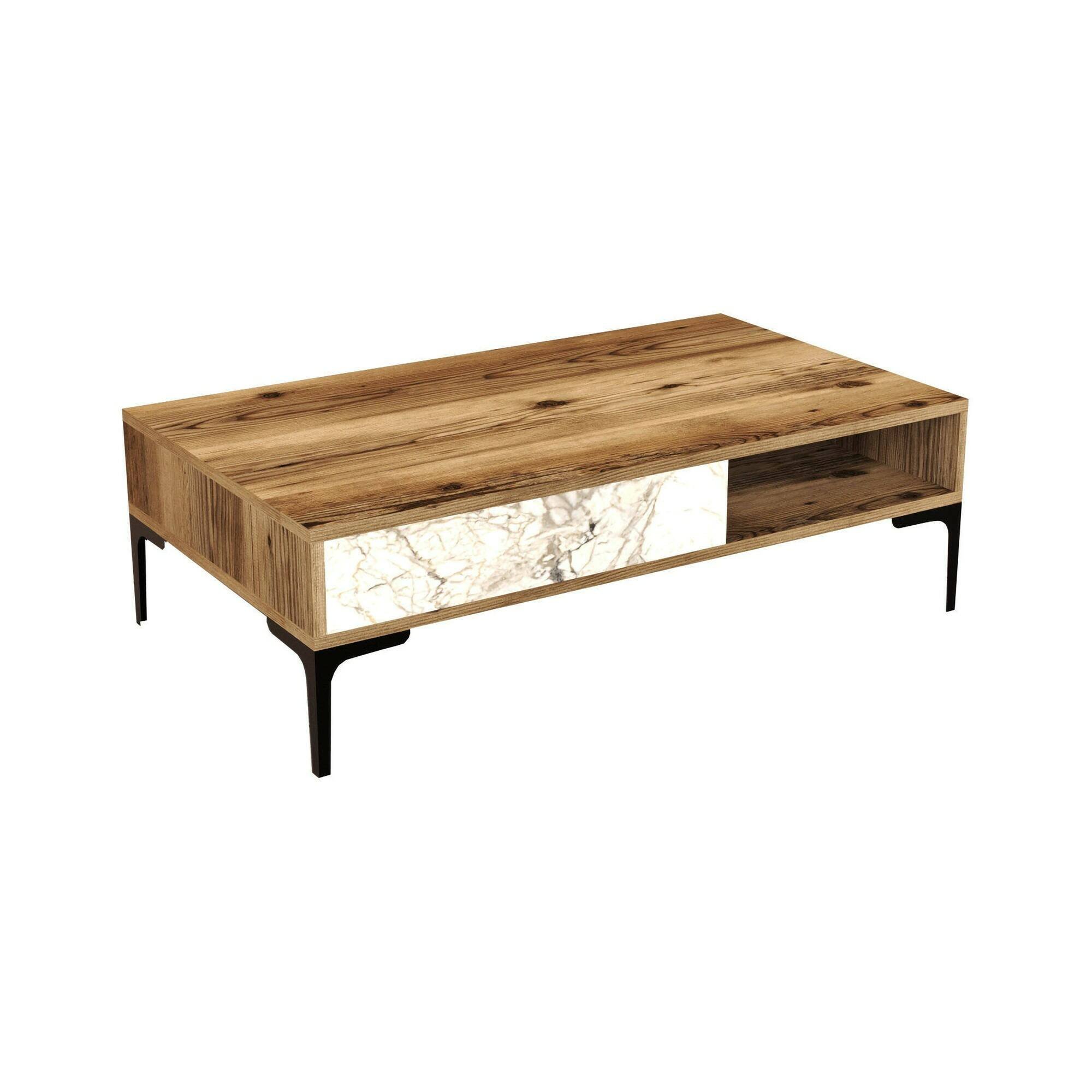 Tavolino da Salotto Marrone Noce Bianco Marmo Portariviste un Vano 105x60x33h cm, Forma Rettangolare - Gru