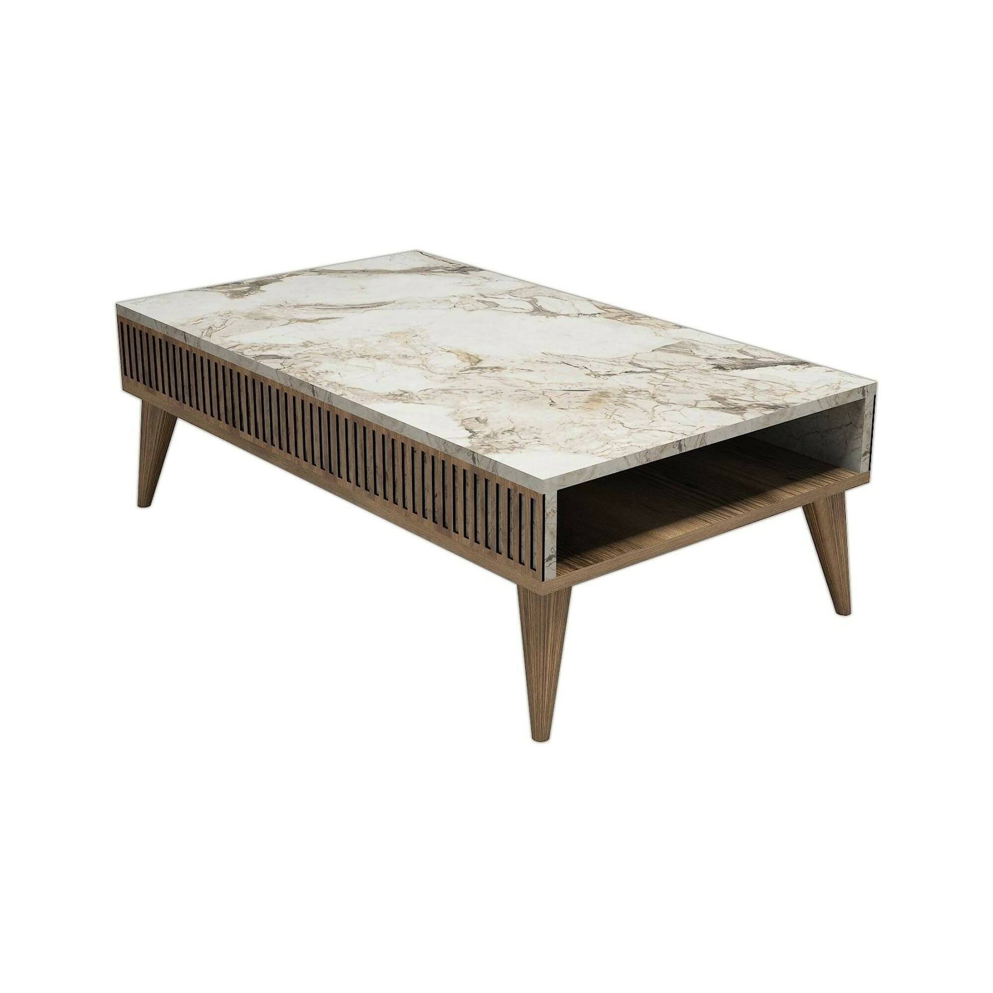 Tavolino da Salotto Marrone Noce Bianco Marmo Portariviste un Vano 105x60x35h cm, Forma Rettangolare - Atrani