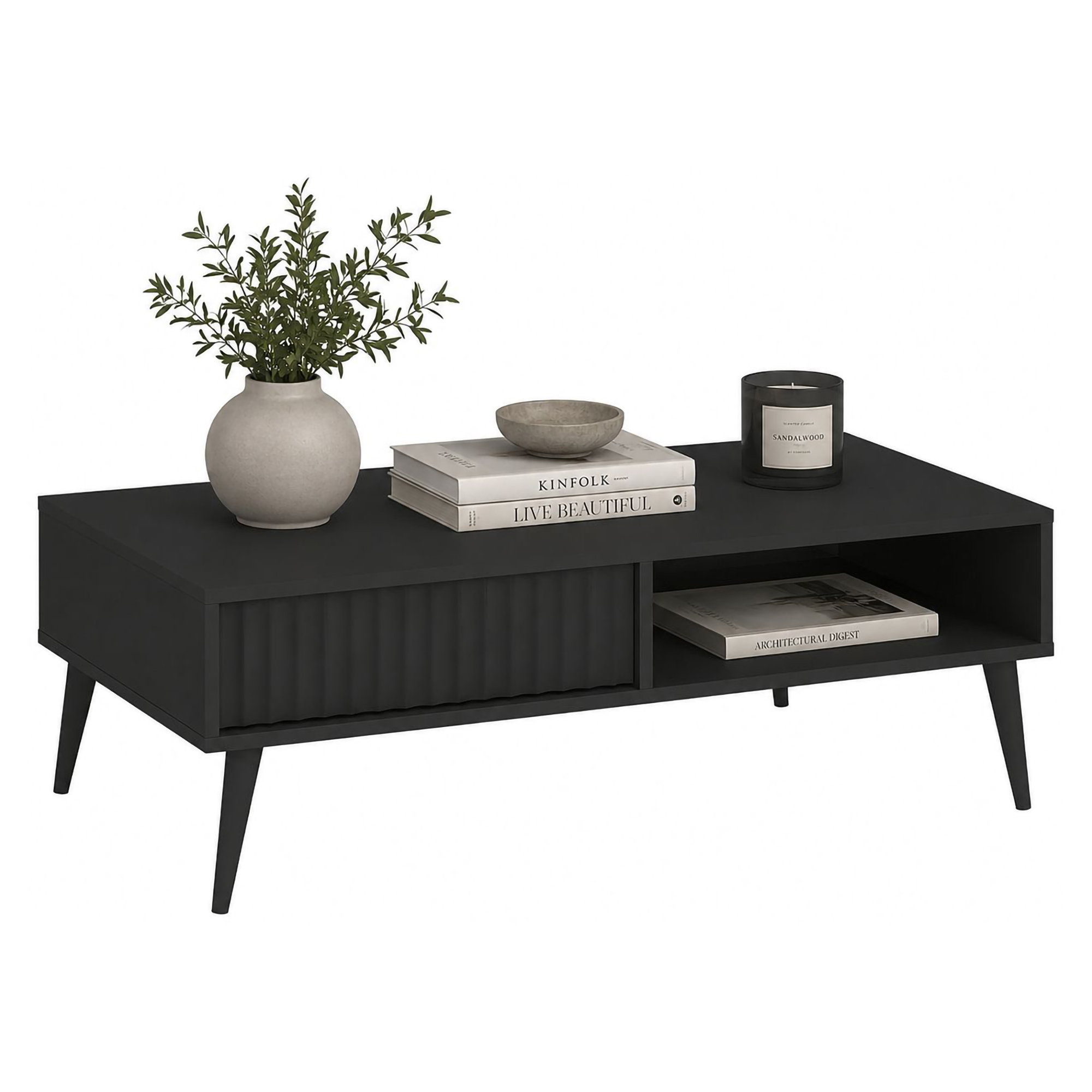 Tavolino da Salotto Nero 2 Cassetti con Piedini Effetto Rigato 102x67x35h cm, un Vano - Lipa