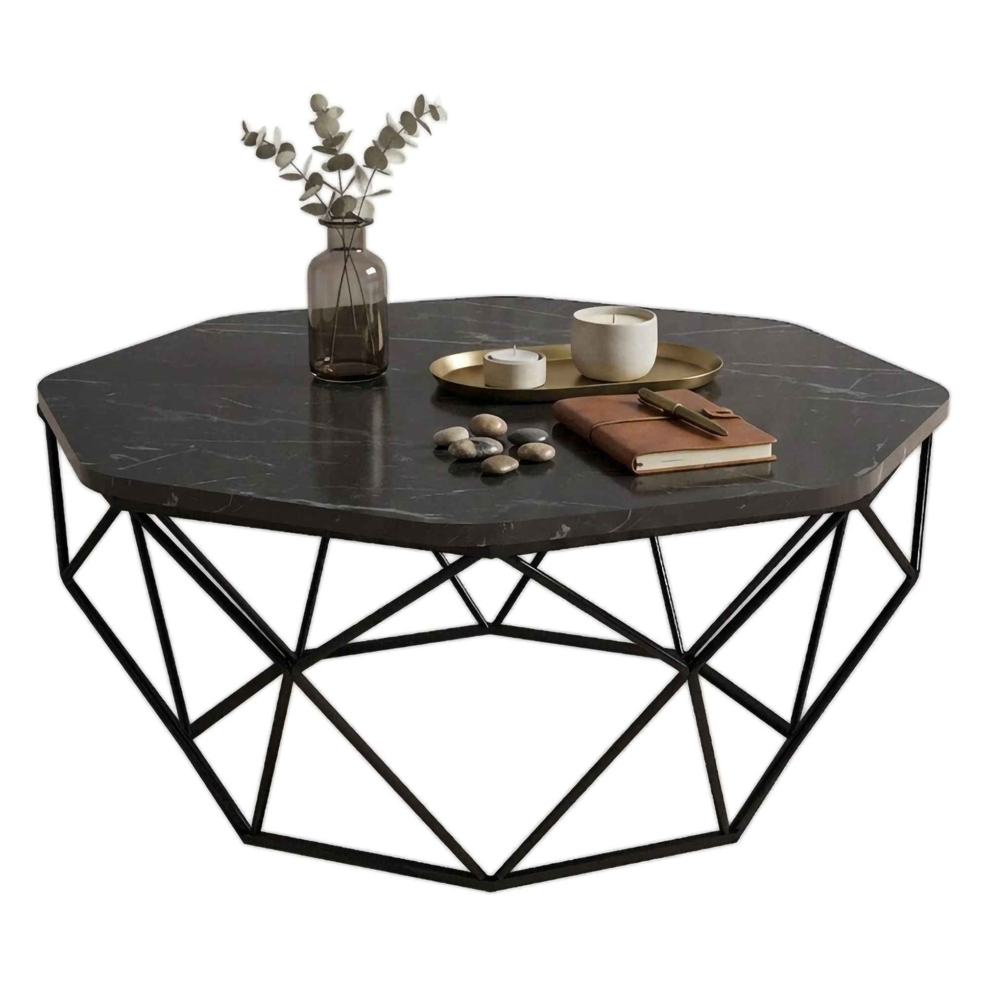 Tavolino da Salotto Nero Nero Marmo Forma Ottagonale Materiale Piano in Legno Nobilitato 90x90x38h cm, Colore Ripiano Nero - Coazzolo
