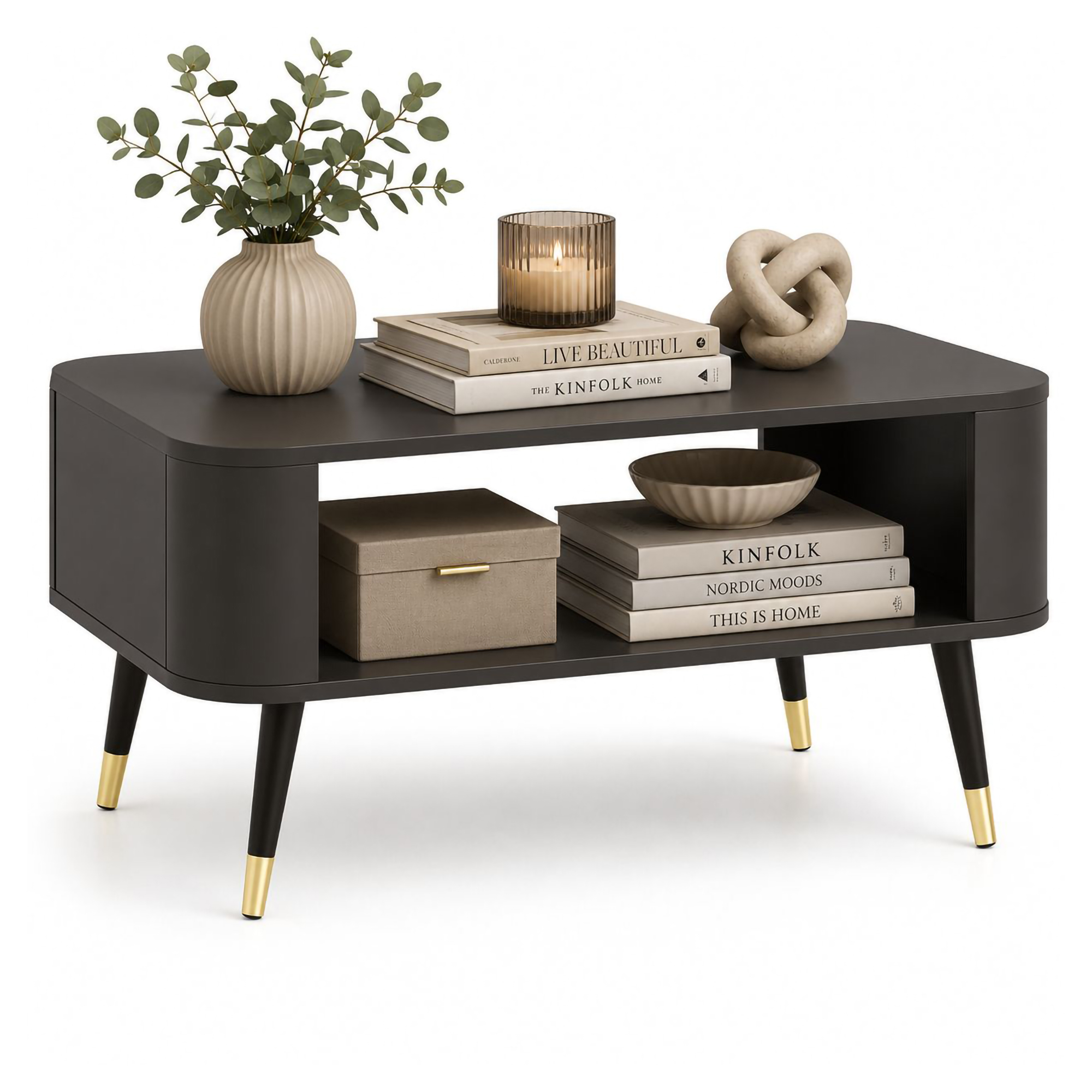 Tavolino da Salotto Nero oro Angoli Arrotondati un Vano 80x60x42h cm, Forma Rettangolare - Lirefa