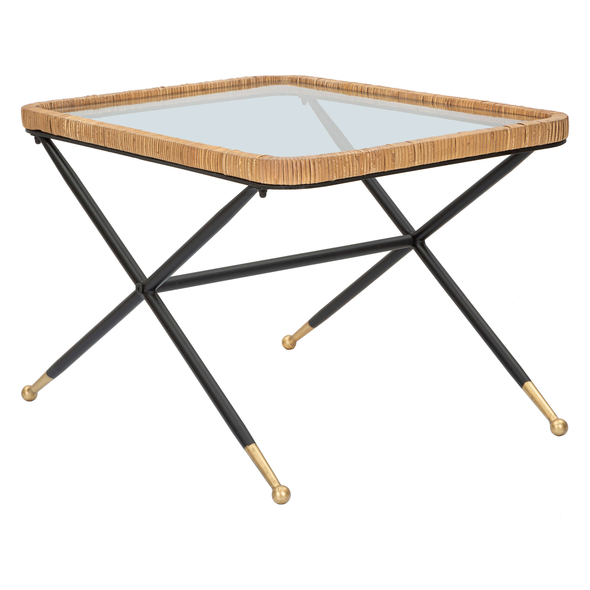 Tavolino da Salotto Nero Trasparente Dettaglio Effetto Rattan Forma Rettangolare 70x50x45h cm, Colore Ripiano Trasparente - Trat