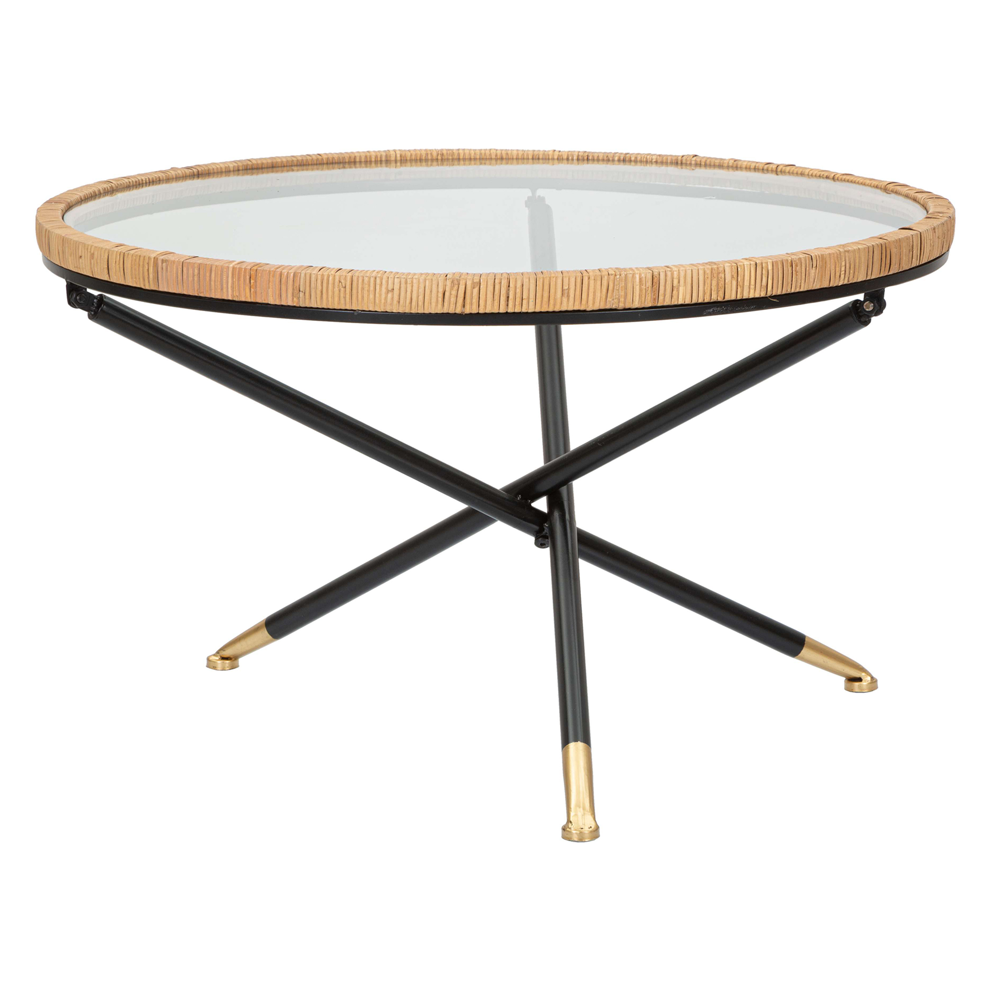 Tavolino da Salotto Nero Trasparente Dettaglio Effetto Rattan Forma Rotondo 80x80x47h cm, Colore Ripiano Trasparente - Langka