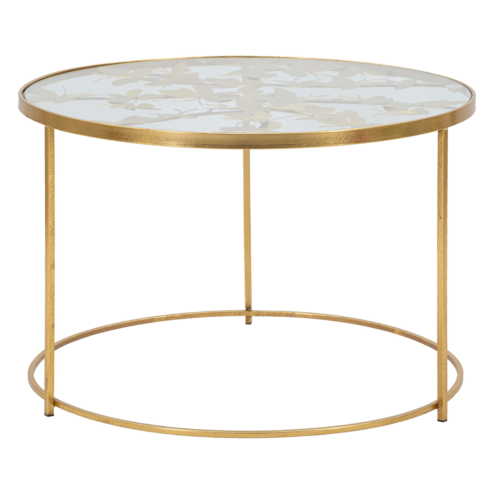 Tavolino da Salotto oro Trasparente Decorazioni con Farfalle Forma Rotondo 60x60x41h cm, Colore Ripiano Trasparente - Taketa