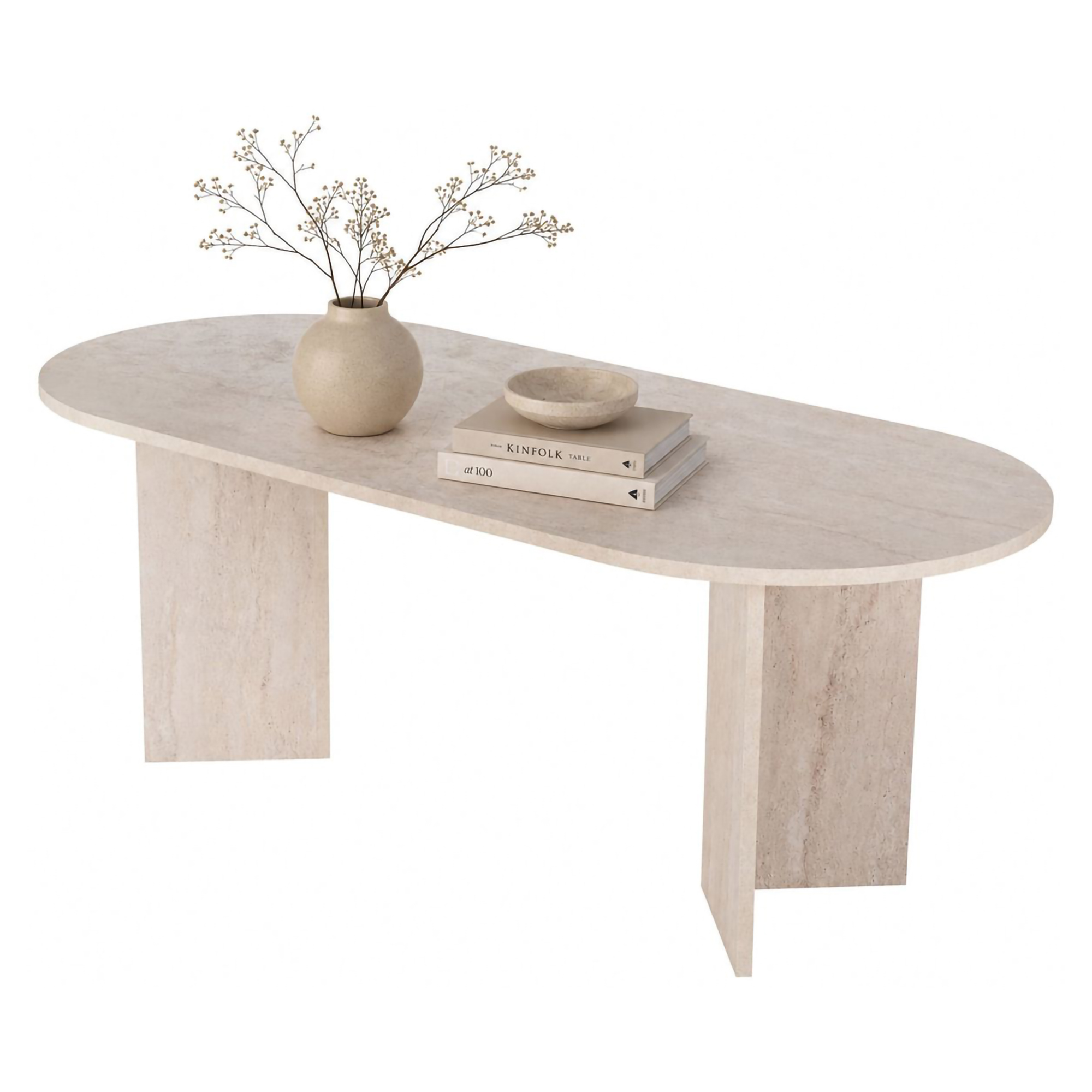 Tavolo Fisso Beige Marmo 6 Posti Forma Ovale 200x90x75h cm, Materiale Piano in Legno Nobilitato - Nofalota
