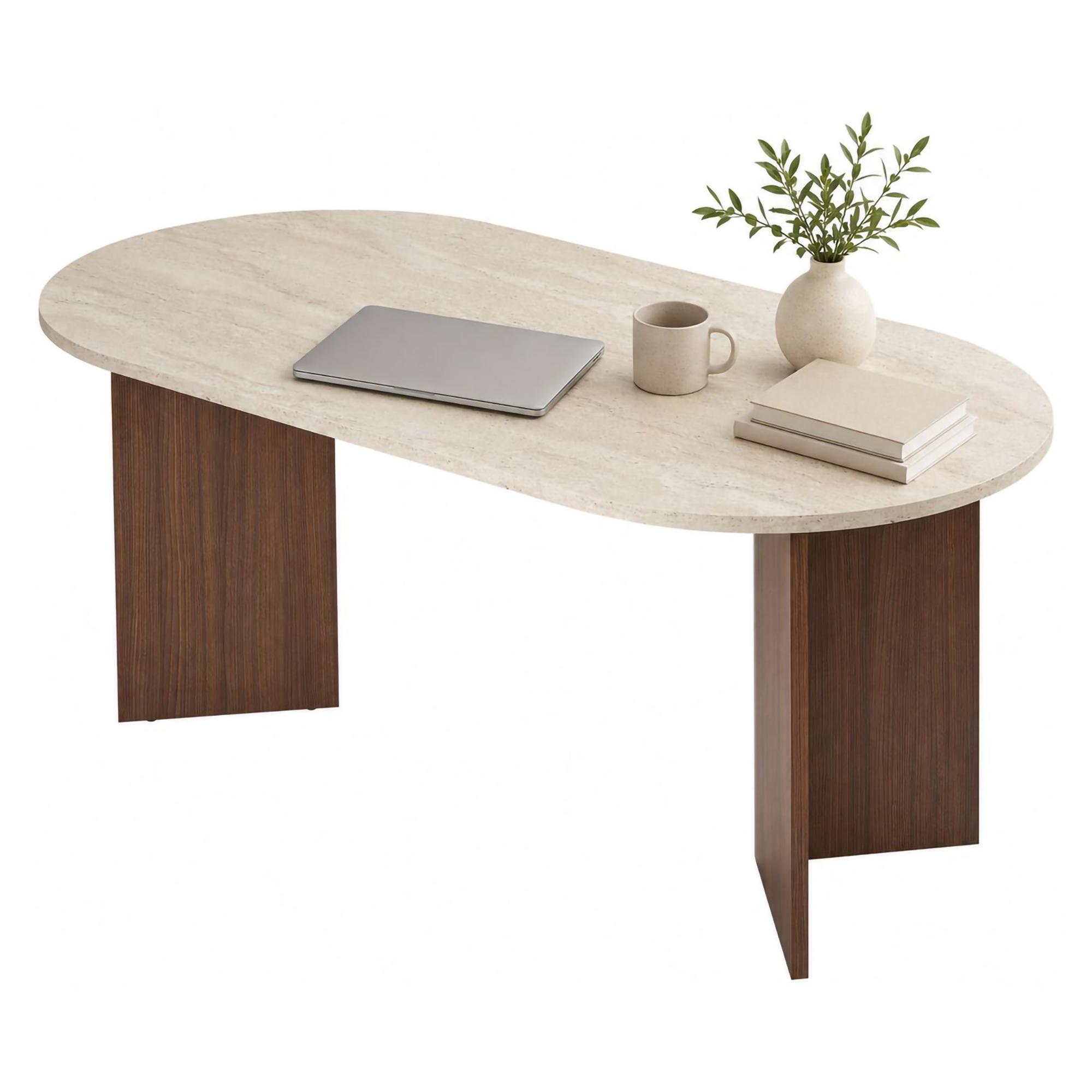 Tavolo Fisso Beige Marmo Marrone Noce 6 Posti Forma Ovale 180x90x75h cm, Colore Ripiano Beige - Monterano