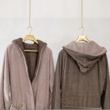 Accappatoio Beige Crema Marrone 100% Cotone Egiziano a fibra lunga pettinato Reversibile Con cappuccio, Taglia L-XL - Sefane Luxury