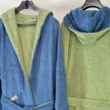 Accappatoio blu Indaco Verde Menta 100% Cotone Egiziano a fibra lunga pettinato Reversibile Con cappuccio, Taglia M-L - Seha Luxury