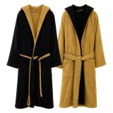 Accappatoio Nero oro 100% Cotone Egiziano a fibra lunga pettinato Reversibile Con cappuccio, Taglia L-XL - Sefane Luxury