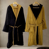 Accappatoio Nero oro 100% Cotone Egiziano a fibra lunga pettinato Reversibile Con cappuccio, Taglia L-XL - Sefane Luxury