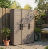 Armadio da esterno Bilzen, Mobile outdoor, Armadio balcone multiuso, 100% Made in Italy, Grigio e Nero, 102x37h163 cm Finitura righe