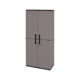 Armadio da esterno Clavier, Mobile da balcone, Armadio multiuso con ripiani, 100% Made in Italy, 68x37h163 cm, Grigio e Nero, Finitura righe