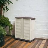 Armadio da esterno Courtrai, Armadio balcone multiuso, Mobile da esterno a 2 ante, 100% Made in Italy, Beige e Marrone, 70x39h86 cm Finitura righe