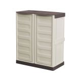 Armadio da esterno Courtrai, Armadio balcone multiuso, Mobile da esterno a 2 ante, 100% Made in Italy, Beige e Marrone, 70x39h86 cm Finitura righe