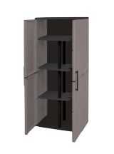 Armadio da esterno Geel, Mobile porta scope multiuso, Armadietto outdoor 2 ante, 100% Made in Italy, 68x37h163 cm, Grigio e Nero, Finitura righe