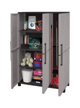 Armadio da esterno Nandrin, Mobile porta scope, Armadietto da esterno 3 ante, 100% Made in Italy, 102x37h169 cm, Grigio chiaro e Nero Finitura righe