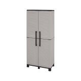 Armadio da esterno Veurne, Armadio porta scope, Mobile outdoor 2 ante, 100% Made in Italy, 68x37h169 cm, Grigio chiaro e Nero, Finitura righe