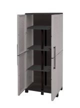 Armadio da esterno Veurne, Armadio porta scope, Mobile outdoor 2 ante, 100% Made in Italy, 68x37h169 cm, Grigio chiaro e Nero, Finitura righe