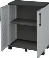 Armadio da esterno Wavre, Armadio balcone multiuso, Mobile outdoor 2 ante, 100% Made in Italy, 68x37h90 cm, Grigio chiaro e Nero, Finitura righe
