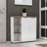 Armadio multiuso 2 ante Brakpan, Mobile multifunzionale, Mobiletto scarpiera, Guardaroba porta scarpe, Made in Italy, 120x34h115 cm, Bianco lucido e Rovere