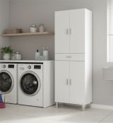 Armadio multiuso Oxnard, Mobile per bagno o lavanderia a 4 ante e 1 cassetto, Armadio multiuso portascarpe, 60x29h182 cm, Bianco lucido