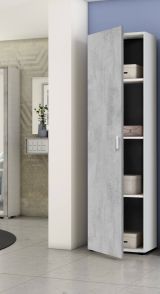 Armadio multiuso Reno, Mobile ausiliario a 1 anta e 3 ripiani, Guardaroba moderno, Mobile alto a colonna, 41x37h182 cm, Cemento e Bianco