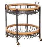 Carrello Marrone Nero 2 Ripiani Ruote 57x56x63h cm, con 2 Cestini in Rattan - Zakopa