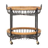 Carrello Marrone Nero 2 Ripiani Ruote 57x56x63h cm, con 2 Cestini in Rattan - Zakopa