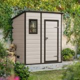 Casetta da Giardino Beige Nero Resistente Agli Agenti Atmosferici Presenza Finestre 184x111x201h cm, Tetto a due Falde - Tiffin