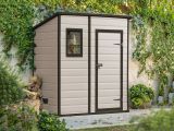 Casetta da Giardino Beige Nero Resistente Agli Agenti Atmosferici Presenza Finestre 184x111x201h cm, Tetto a due Falde - Tiffin