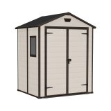 Casetta da Giardino Beige Nero Resistente Agli Agenti Atmosferici Presenza Finestre 185x152x226h cm, Tetto a due Falde - Sheboygan