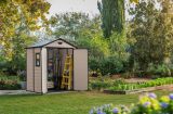 Casetta da Giardino Beige Nero Resistente Agli Agenti Atmosferici Presenza Finestre 185x152x226h cm, Tetto a due Falde - Sheboygan